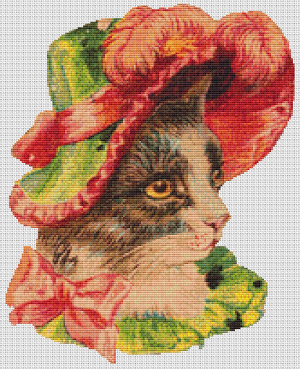 Victorian Cat In A Pink And Green Hat